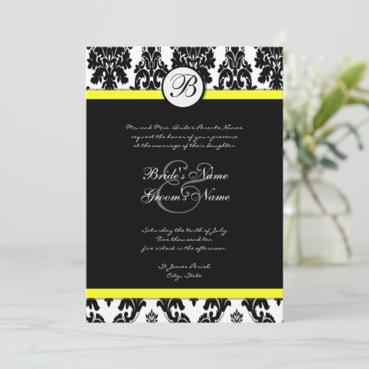 白黒イエローダマスクウェディング招待状 招待状 (スタンド正面)