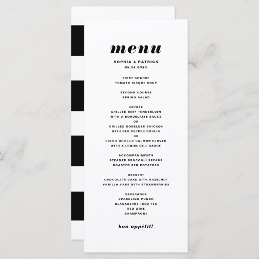 白黒イタリックはっきりしたタイポグラフィ結婚ズ メニュー (正面/裏面)