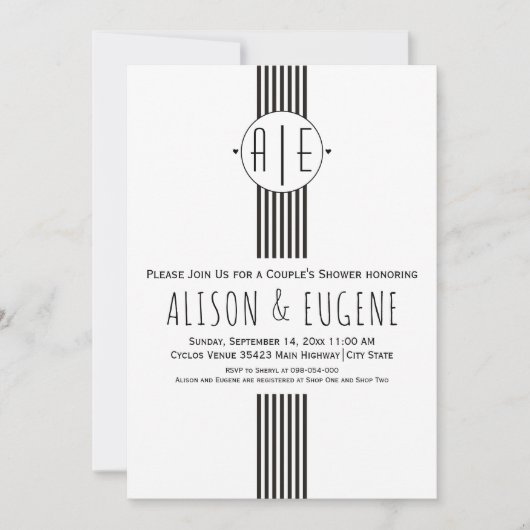 白黒イニシャルの結婚カップルのシャワー 招待状 (正面)