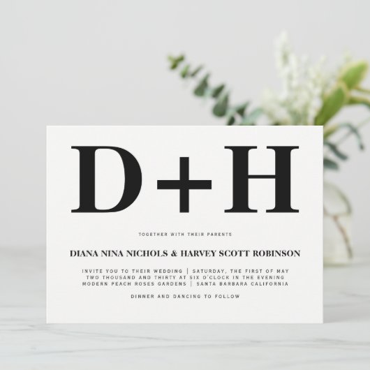 白黒イニシャルはっきりしたタイポグラフィ結婚ズ 招待状 (スタンド正面)