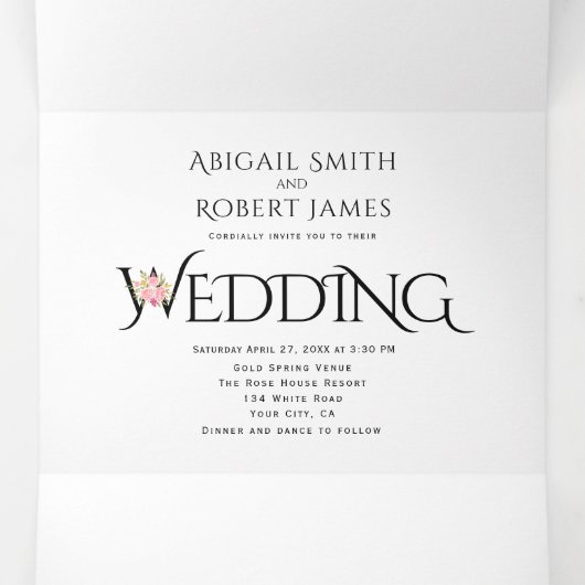 白黒イニシャル、アンパサンド結婚ピンクローズ 三つ折り招待状 (内部中)