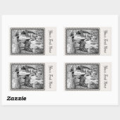 白黒イラストレーション乗用フードウルフフレーム 長方形シール (シート)