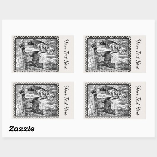 白黒イラストレーション乗用フードウルフフレーム 長方形シール (シート)