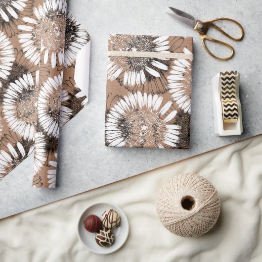 白黒インクデイジークラフト紙芸術的  ラッピングペーパー (クラフト)