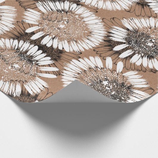 白黒インクデイジークラフト紙芸術的  ラッピングペーパー (角)