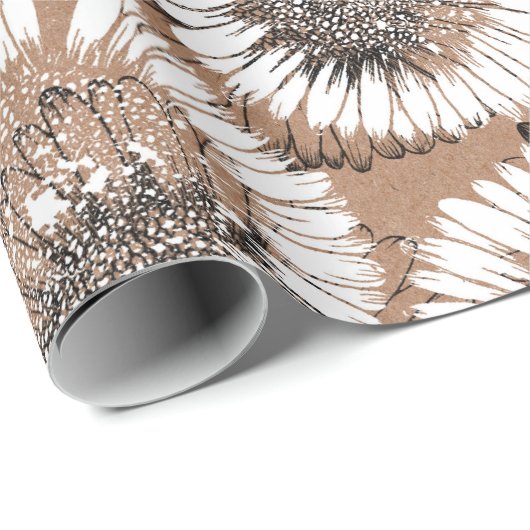 白黒インクデイジークラフト紙芸術的  ラッピングペーパー (ロールコーナー)