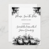 白黒インクフローラ結婚式日付の保存 案内ポストカード (正面/裏面)