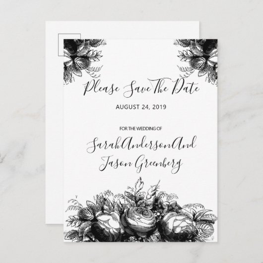 白黒インクフローラ結婚式日付の保存 案内ポストカード (正面/裏面)