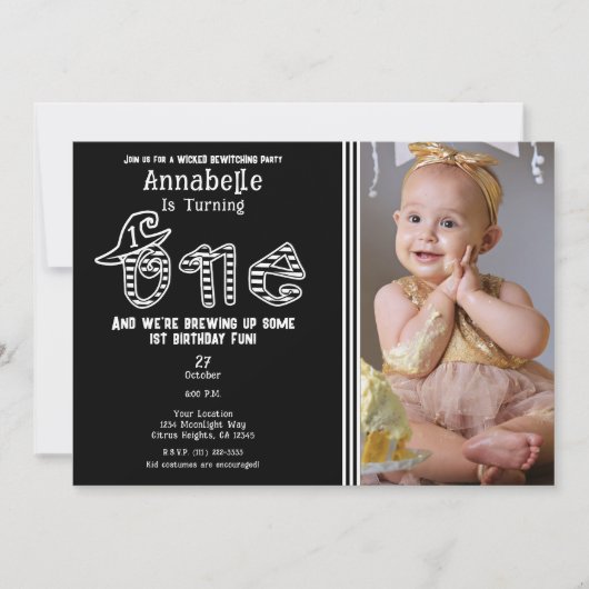白黒ウィッチハロウィーン写真1ST誕生日 招待状 (正面)