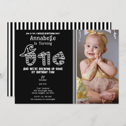 白黒ウィッチハロウィーン写真1ST誕生日 招待状 (正面/裏面)