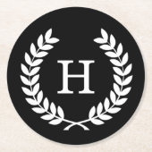 白黒ウィートローレルリースイニシャルモノグラム ラウンドペーパーコースター (正面)