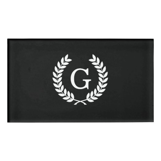 白黒ウィートローレルリースイニシャルモノグラム 名札 (正面)