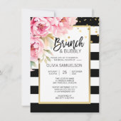 白黒ウォーターカラーピンクフローラブランチ&バブリー 招待状 (正面)
