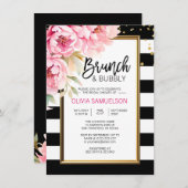 白黒ウォーターカラーピンクフローラブランチ&バブリー 招待状 (正面/裏面)