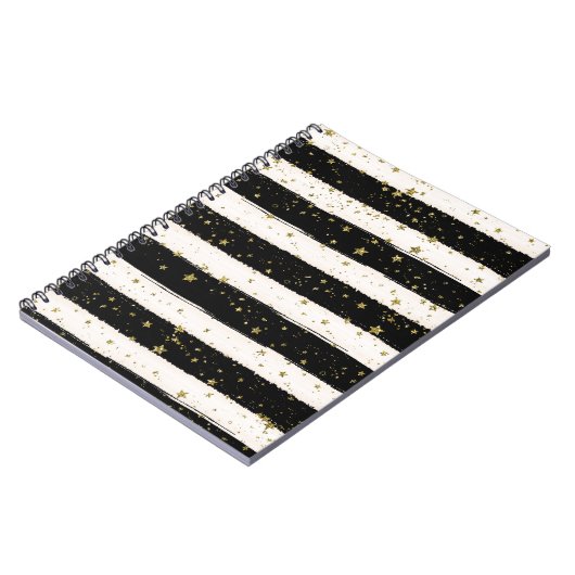 白黒ウォーターストライプカラー金ゴールドグリッター星 ノートブック (左側)