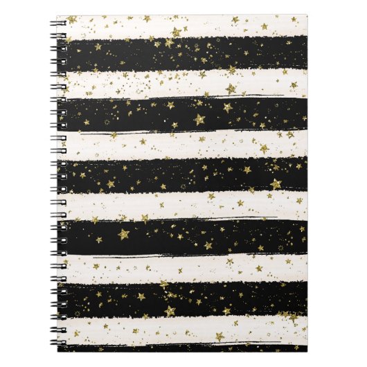 白黒ウォーターストライプカラー金ゴールドグリッター星 ノートブック (正面)