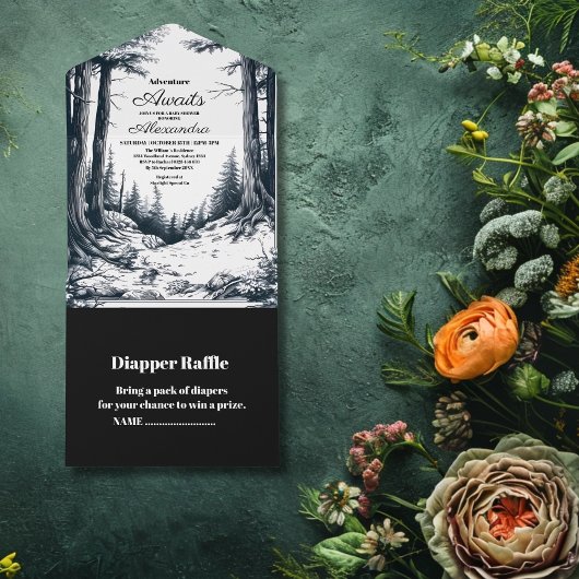 白黒ウッドランドアドベンチャーベビーシャワー オールインワン招待状