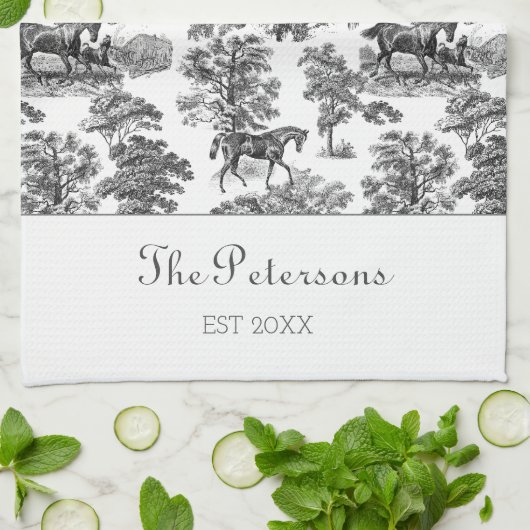 白黒ウマエレガントントイルファームハ素朴ウス キッチンタオル (折り畳み)