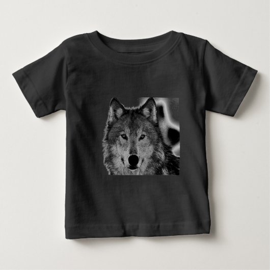 白黒ウルフアートワーク ベビーTシャツ (正面)