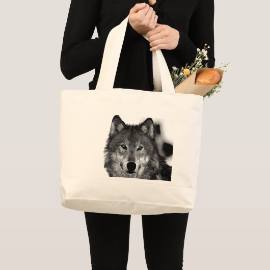 白黒ウルフアートワーク ラージトートバッグ (正面(商品))