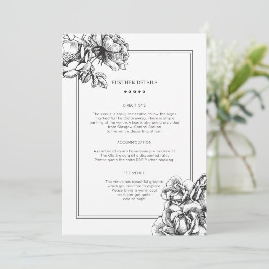 白黒エッチングされたフローラ結婚の情報カード 招待状 (スタンド正面)