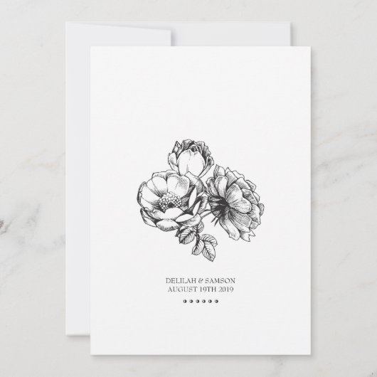白黒エッチングされたフローラ結婚の情報カード 招待状 (裏面)