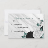 白黒エレガントとティール（緑がかった色）青の花 出欠カード (正面)