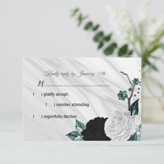 白黒エレガントとティール（緑がかった色）青の花 出欠カード (スタンド正面)