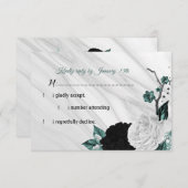 白黒エレガントとティール(緑がかった色)青の花 出欠カード (正面/裏面)