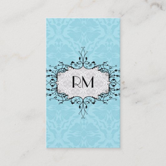 白黒エレガントとブルーヴィンテージダマスク 名刺 (正面)