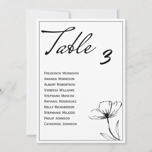 白黒エレガントなウェディングテーブルシーティングカード 招待状 (正面)