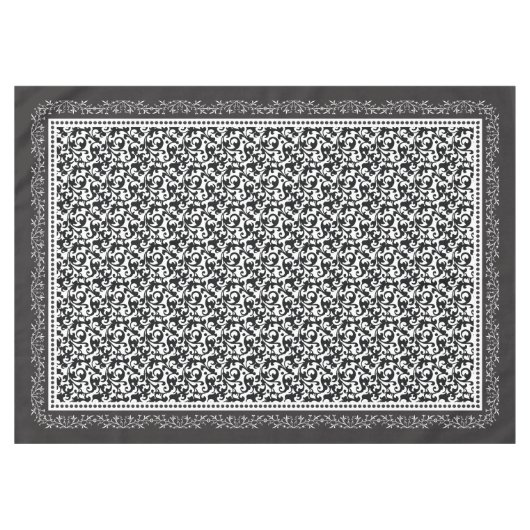 白黒エレガントなスクロールダマスク織 テーブルクロス (正面(横))