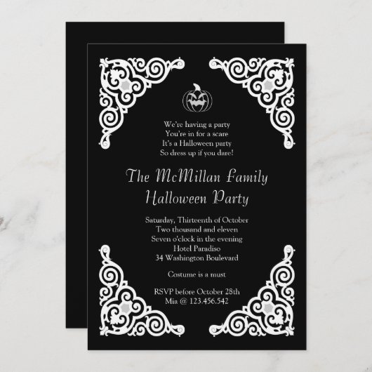 白黒エレガントなハローウィンパーティの招待状 招待状 (正面/裏面)