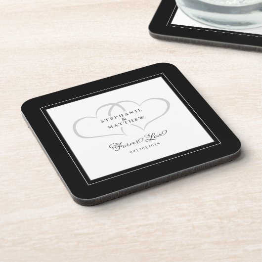 白黒エレガントな結婚式ハート永遠の愛 コースター (左側)