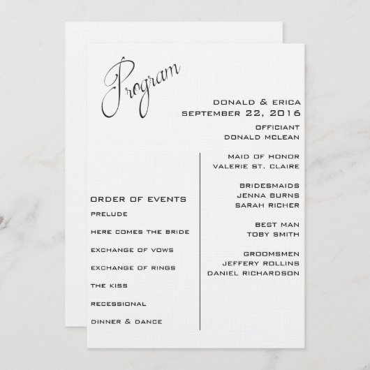 白黒エレガントな結婚式プログラム プログラム (正面/裏面)