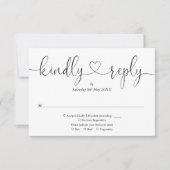 白黒エレガントのスクリプトハート親切に返信 出欠カード (正面)