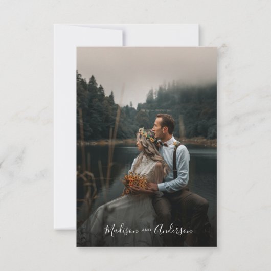 白黒エレガントのスクリプト写真結婚の 招待状 (裏面)