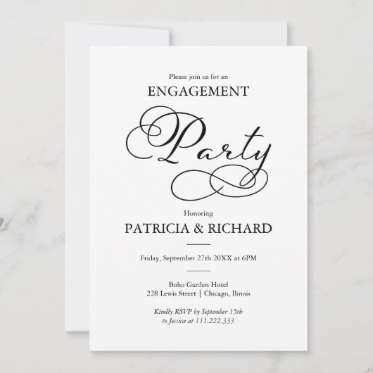 白黒エレガントのスクリプト婚約パーティ 招待状 (正面)