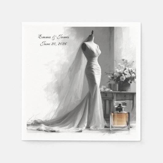 白黒エレガントのナプキ結婚ンス スタンダードカクテルナプキン (正面)