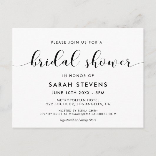 白黒エレガントのブライダルシャワー ポストカード (正面)