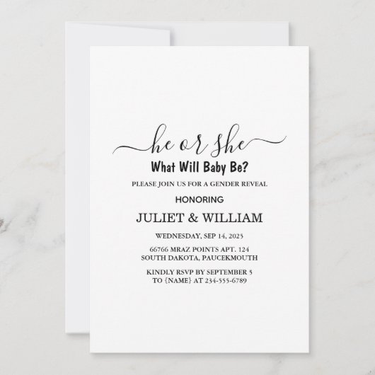 白黒エレガントのミニマルなジェンダーが明らかにする 招待状 (正面)