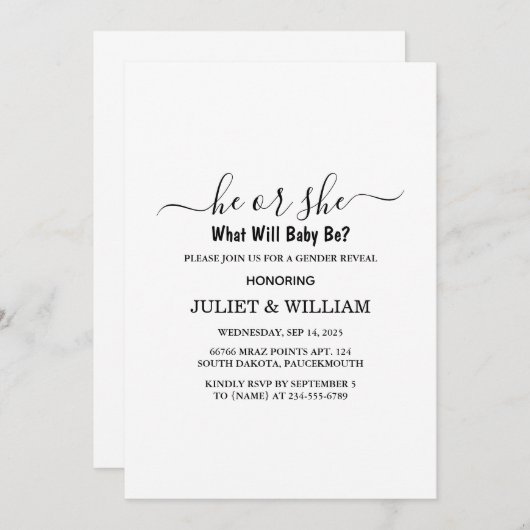 白黒エレガントのミニマルなジェンダーが明らかにする 招待状 (正面/裏面)