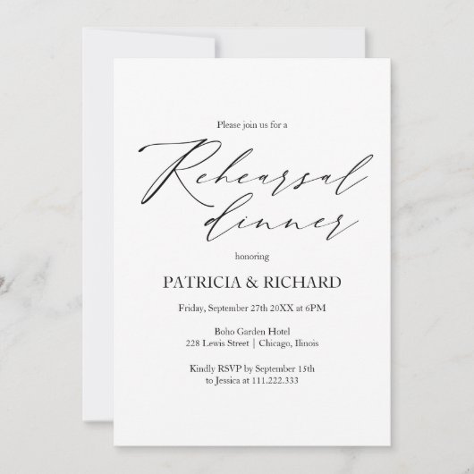 白黒エレガントのリハ結婚ーサルディナー 招待状 (正面)