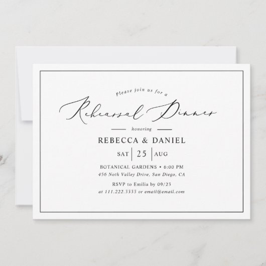 白黒エレガントのリハ結婚ーサルディナー 招待状 (正面)