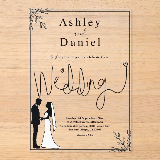 白黒エレガントのロマンチックなカップル結婚の アクリル招待状 (正面)