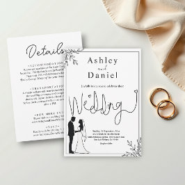 白黒エレガントのロマンチックなカップル結婚の 招待状