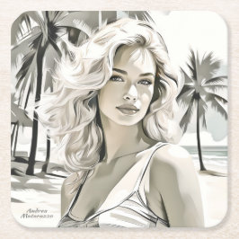 白黒エレガントの女の子 スクエアペーパーコースター