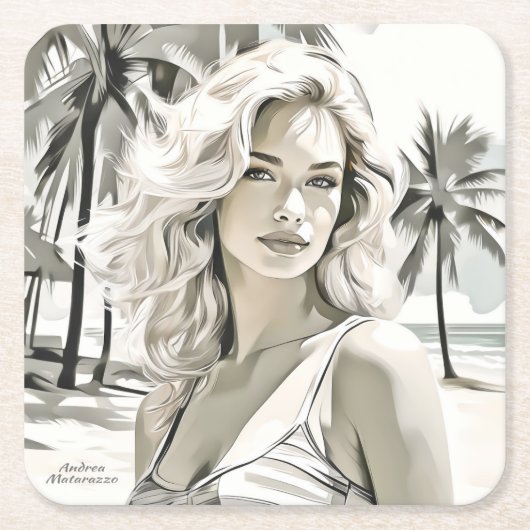 白黒エレガントの女の子 スクエアペーパーコースター (正面)