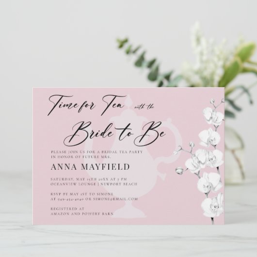 白黒エレガントの蘭の時間のための茶のブライダル 招待状 (スタンド正面)