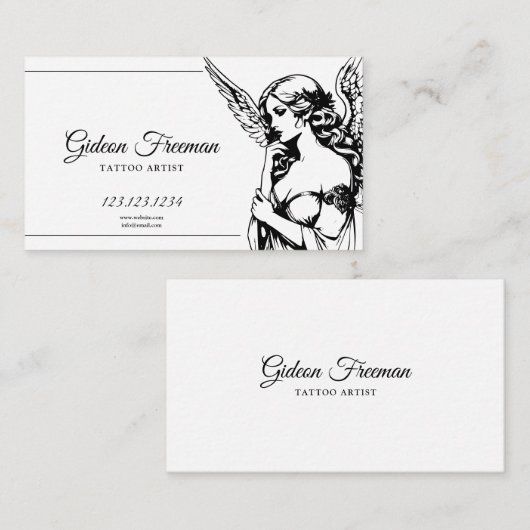 白黒エレガントエンジェルタトゥーアーティスト 名刺 (正面/裏面)